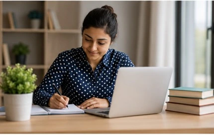 A student studying with books and a laptop while reviewing university admission options, representing CUET preparation and college admissions.